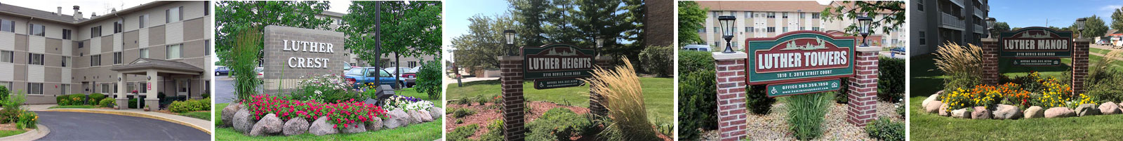 Five piece banner photo showcasing Luther Knoll, Luther Crest, Luther Heights, Luther Towers, and Luther Manor