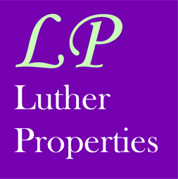 Luther Properties logo with a large LP above the words Luther Properties on a purple background